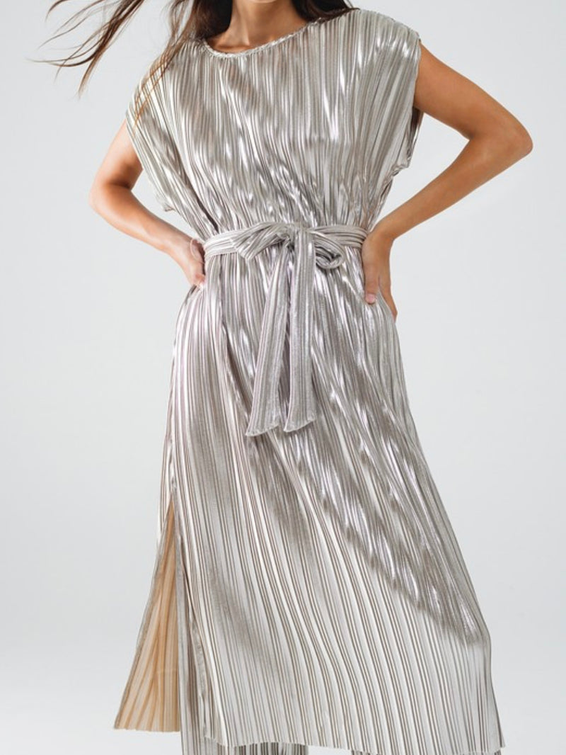 Silver Pleated Sleeveless Dress