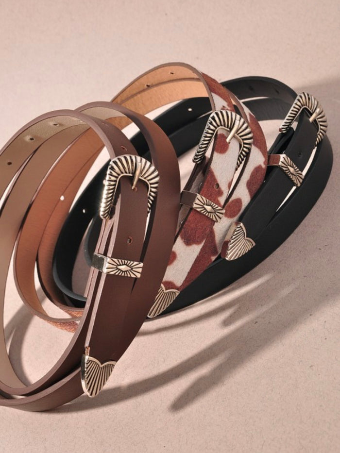 Western Engraved Buckle Skinny Belt