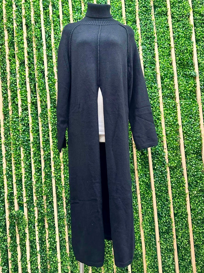 High Neck Front Slit Sweater Long Top