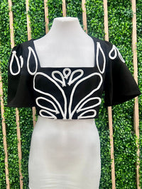 Abstract Embroidered Bell Sleeve Crop Top