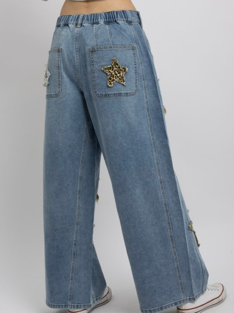 Leopard Star Patch Loose Fit Denim Pants