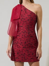 Red Bow Detail Jacquard One Shoulder Short Dress