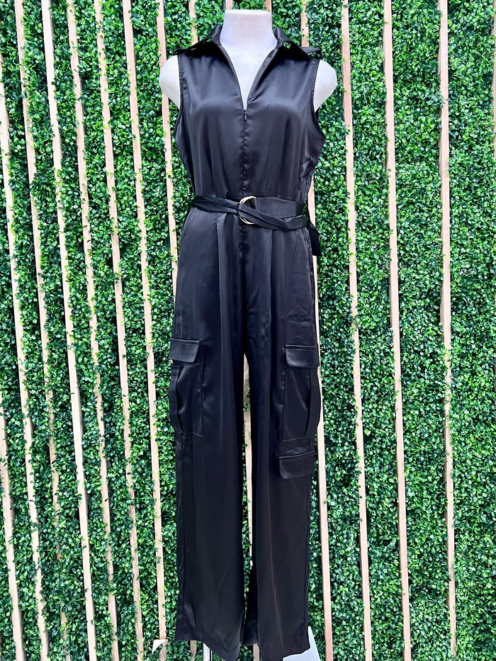 Black Zip up Cargo Jumpsuit