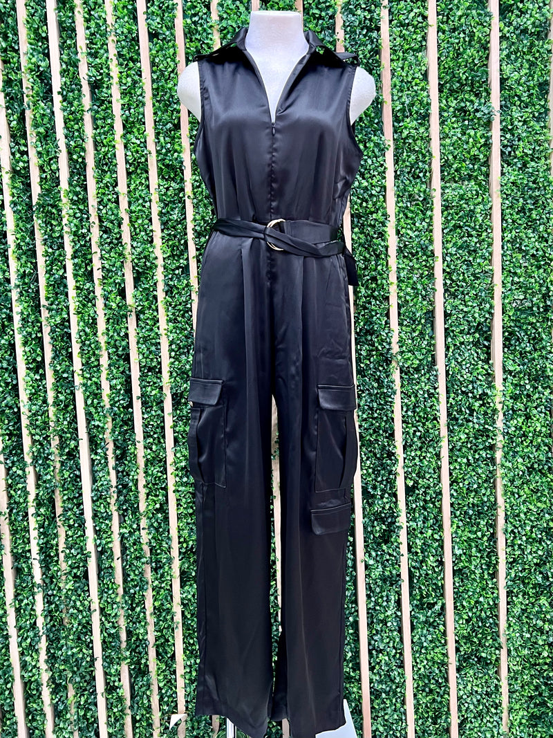 Black Zip up Cargo Jumpsuit