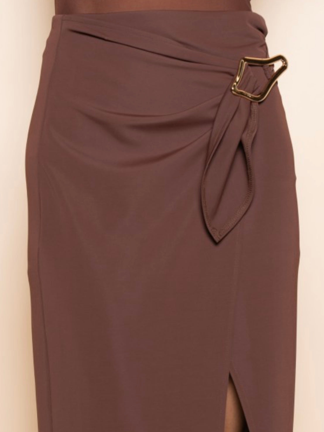 Beautiful Chocolate Buckle Wrap Midi Skirt