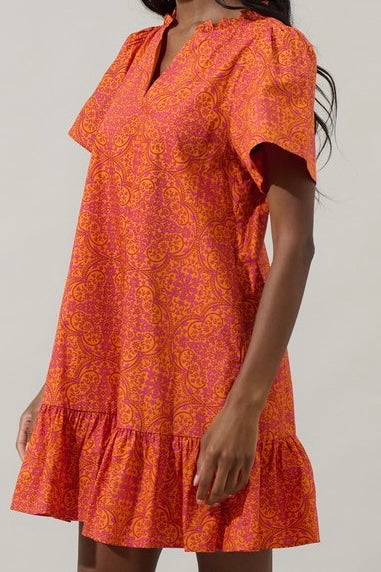 Orange Vines Split Neck  A Line Short Dress