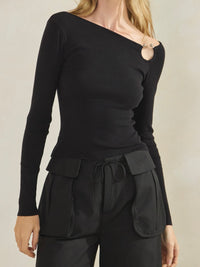 Ring Detail Off Shoulder Knit Sweater