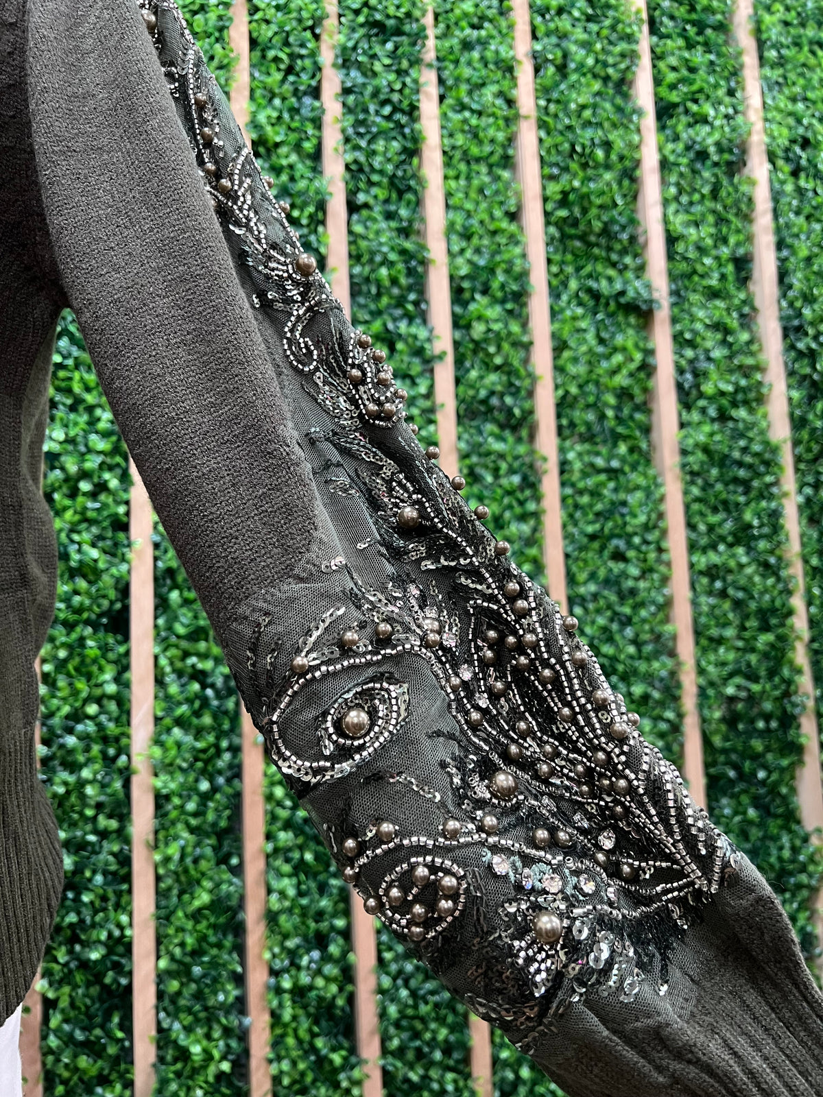 Dark Olive Embellished Sleeve Knit Sweater