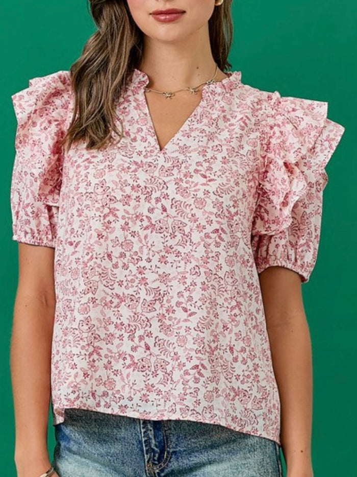 Ivory Red Print Puff Sleeve Blouse