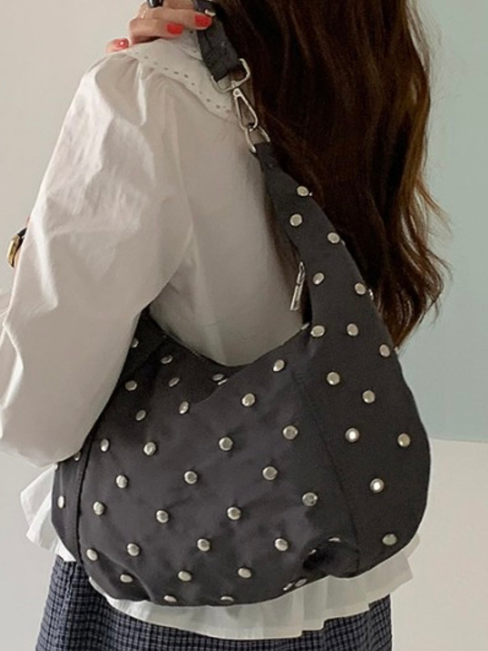 Black Nylon Studded Hobo Bag