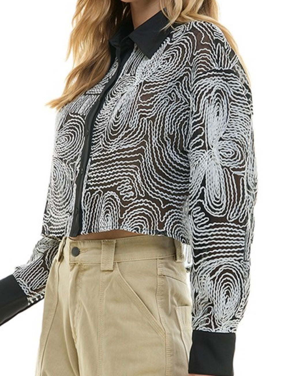 Black White Embroidered Organza Crop Blouse