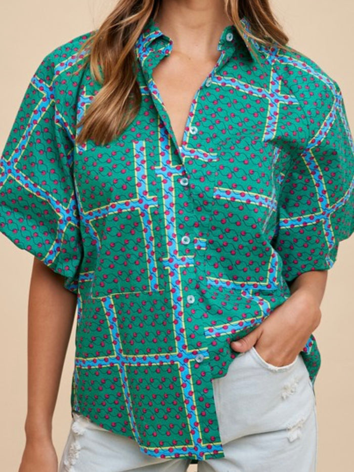 Kelly Green Print Blouse Bubble Sleeve