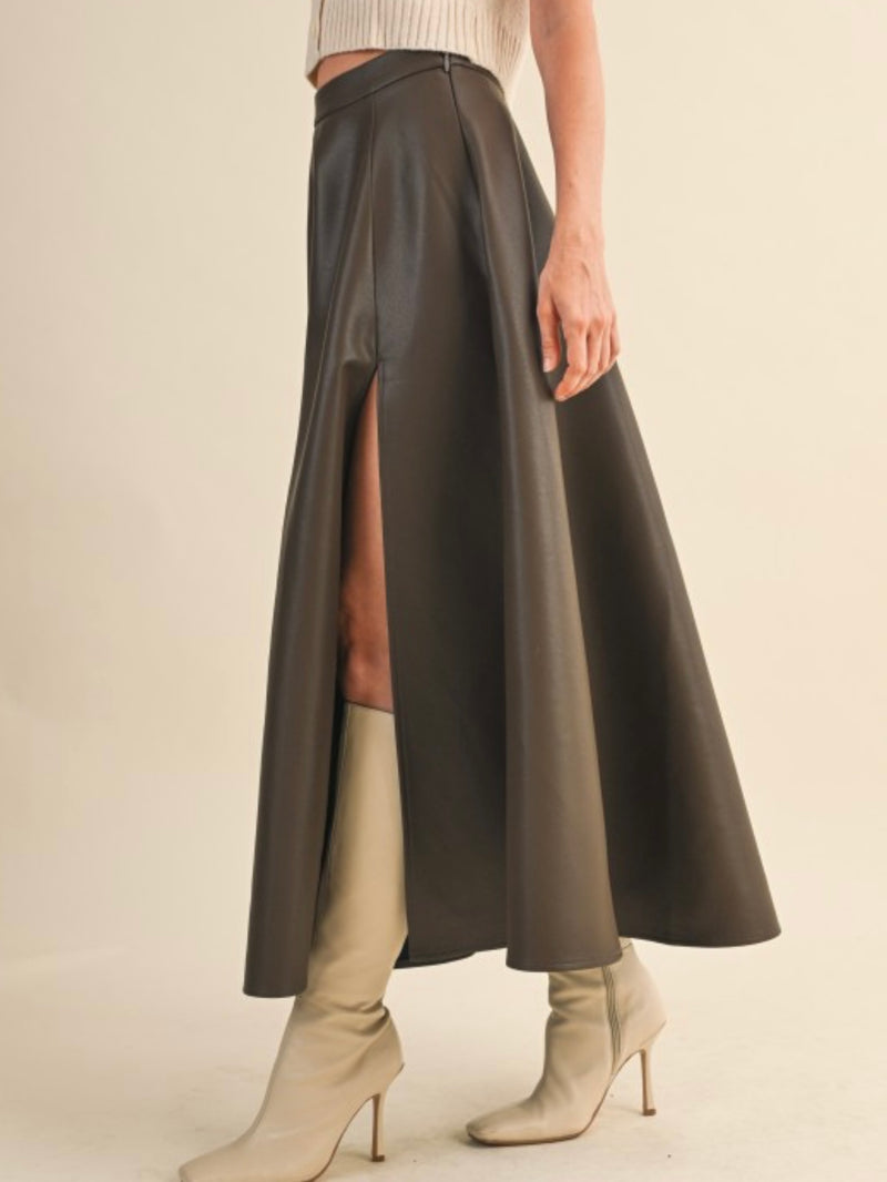 Side Slit Pleather Midi Skirt