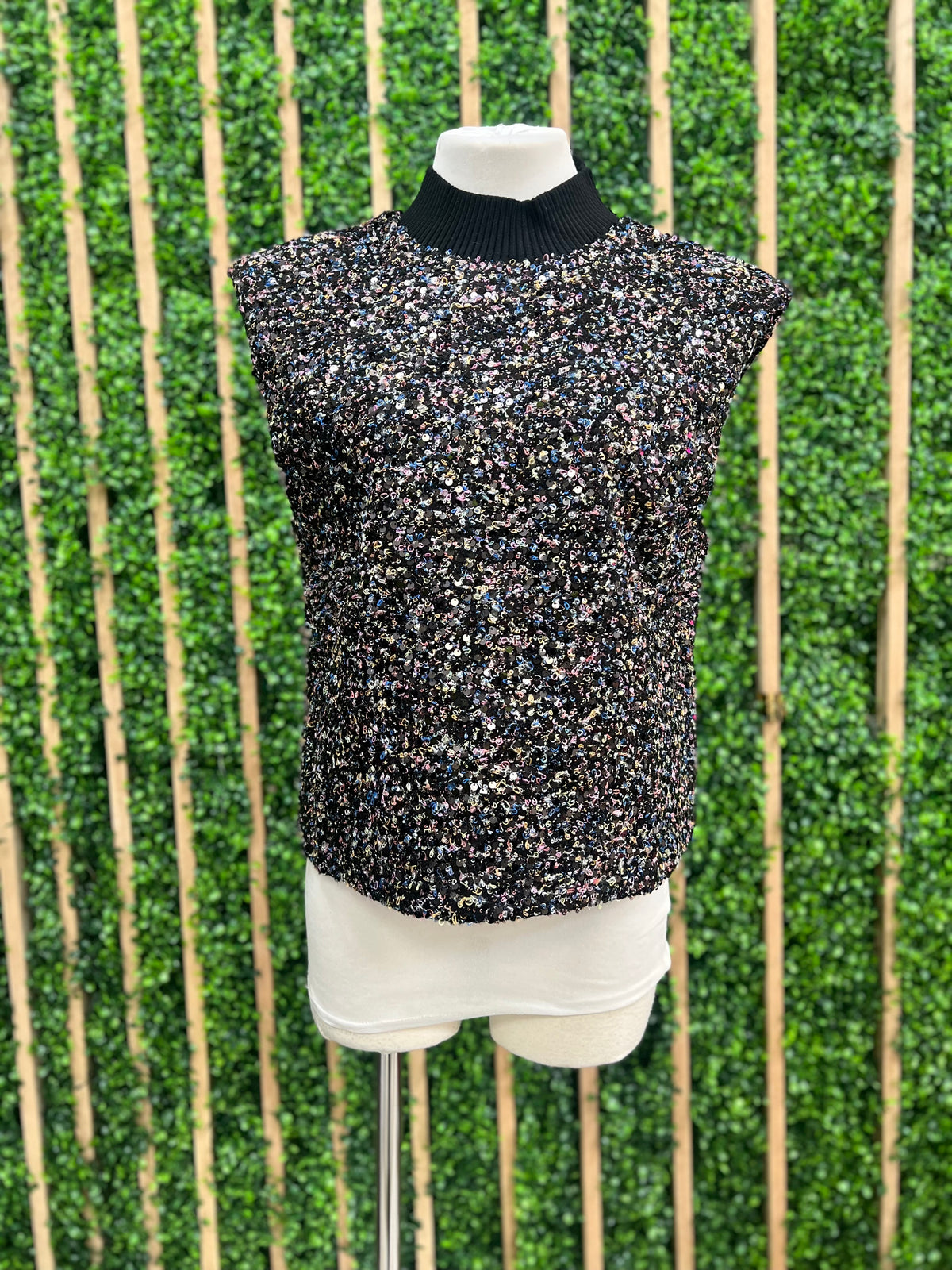 Black Multi Sequin Tweed High Neck Top