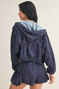 Navy Polka Dot Windbreaker Jacket & Ruffle Shorts Set