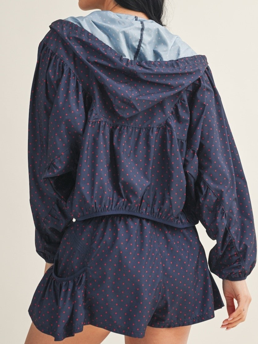 Navy Polka Dot Windbreaker Jacket & Ruffle Shorts Set