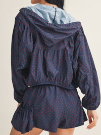 Navy Polka Dot Windbreaker Jacket & Ruffle Shorts Set