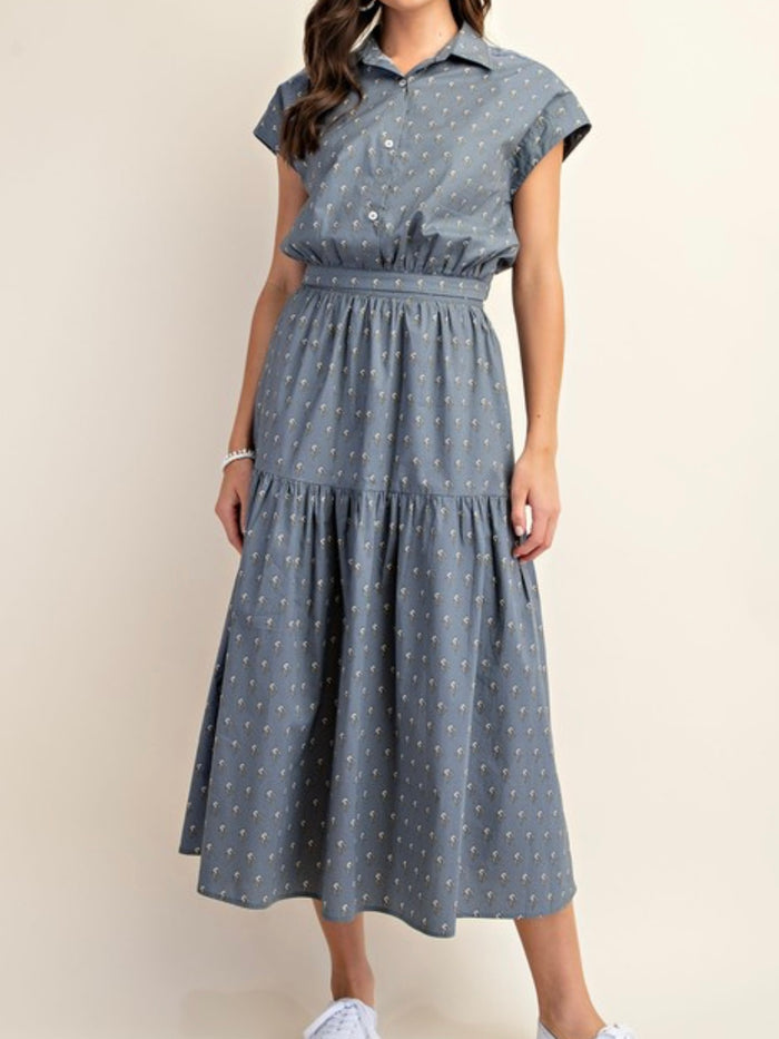 Steel Blue Print Midi Skirt Set