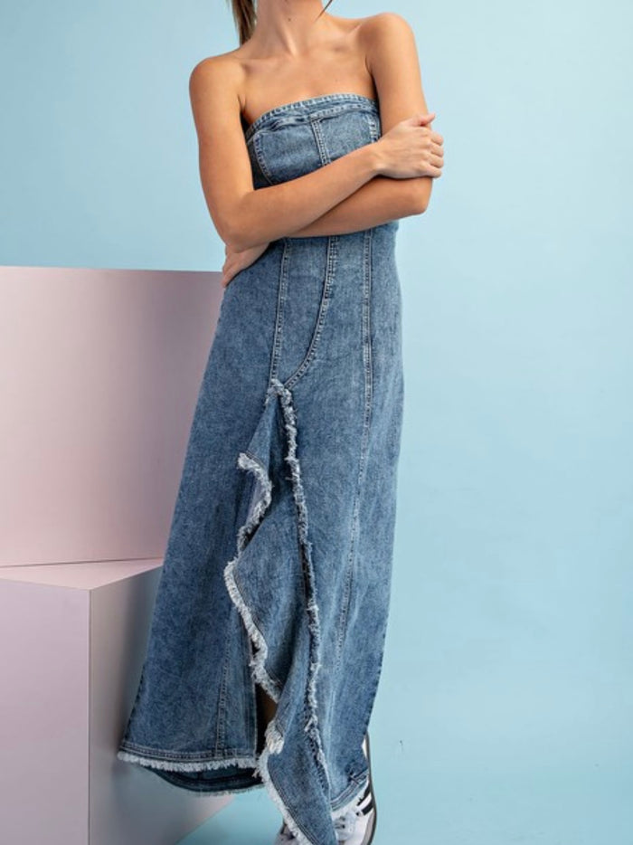 Strapless Ruffled Midi Denim Dressi