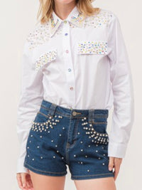 Multicolor Rhinestone and Pearl Blouse
