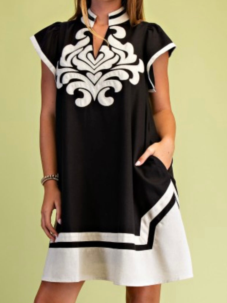 High Neck Embroidered V Neck Short Dress