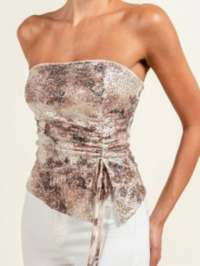 Strapless Ruched Abstract Mocha Sequin Top