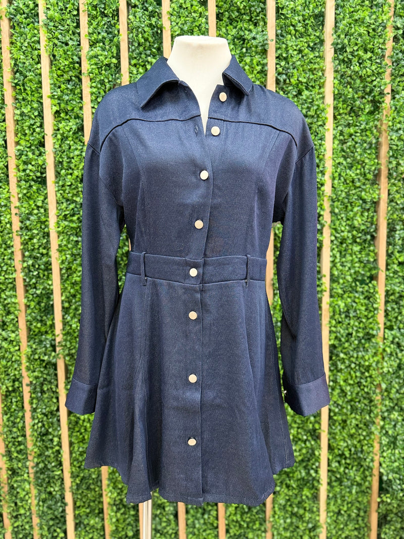 Dark Denim Long Sleeve Short Flare Dress