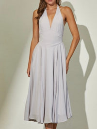 Light Grey Plunge Neckline Halter Flare Chiffon Midi Dress