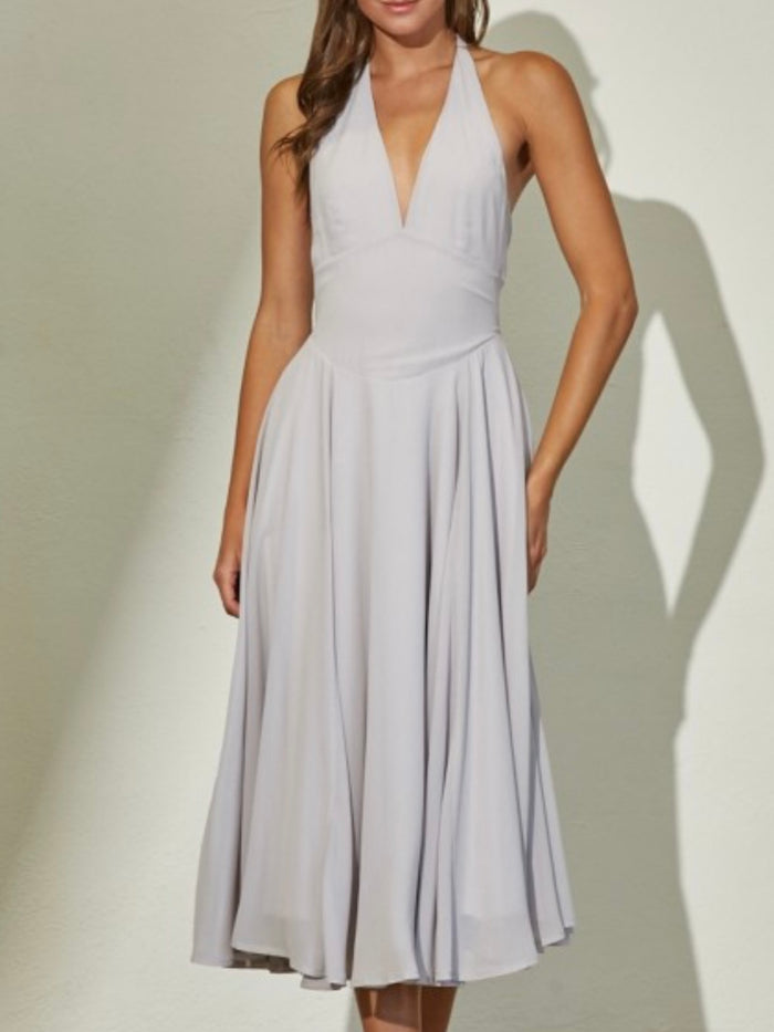 Light Grey Plunge Neckline Halter Flare Chiffon Midi Dress