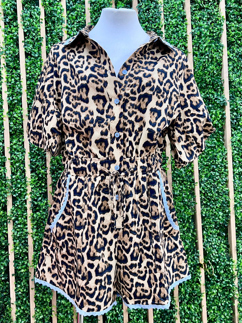 Taupe Leopard Lace Trim Romper