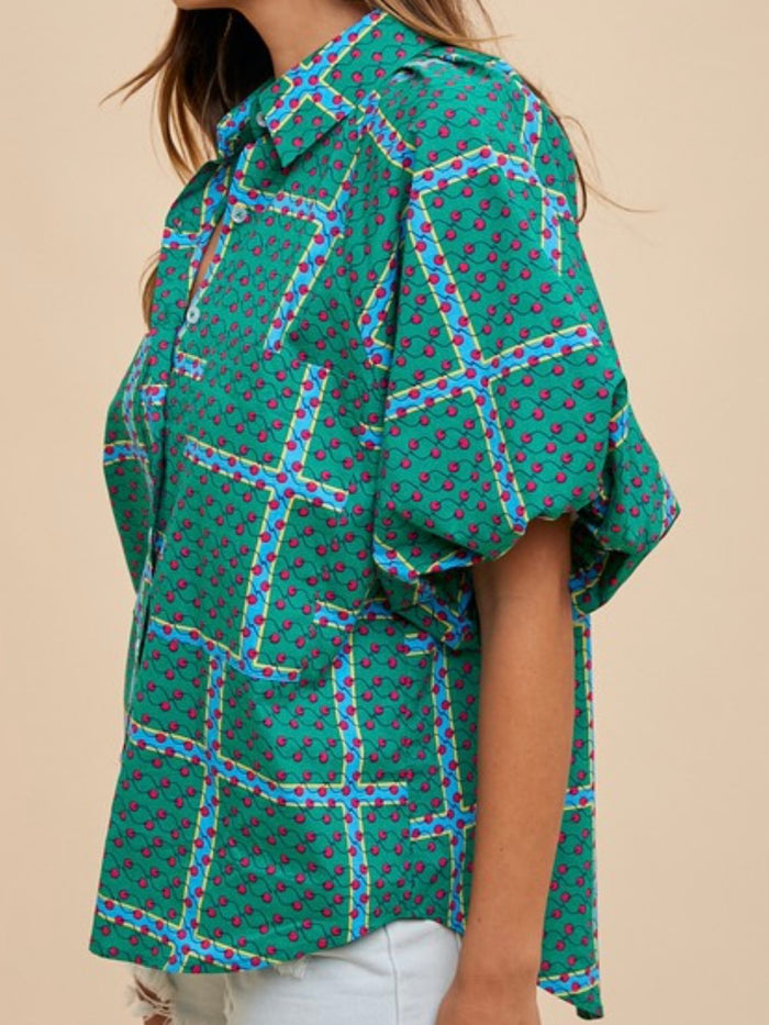Kelly Green Print Blouse Bubble Sleeve