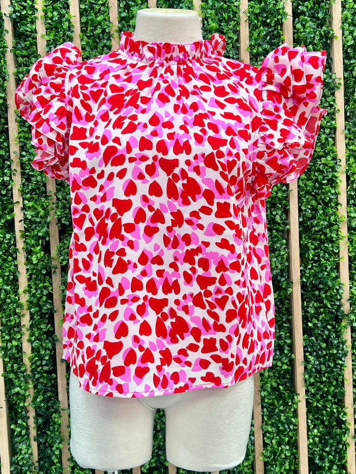 Red Multi Abstract Hearts Blouse