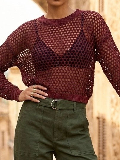 Metallic Open-Knit Sheer Long Sleeve Sweater