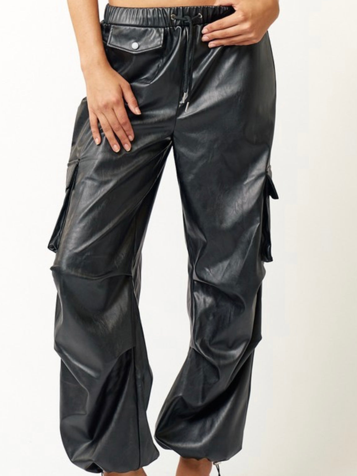 Black Pleather Parachute Cargo Pants