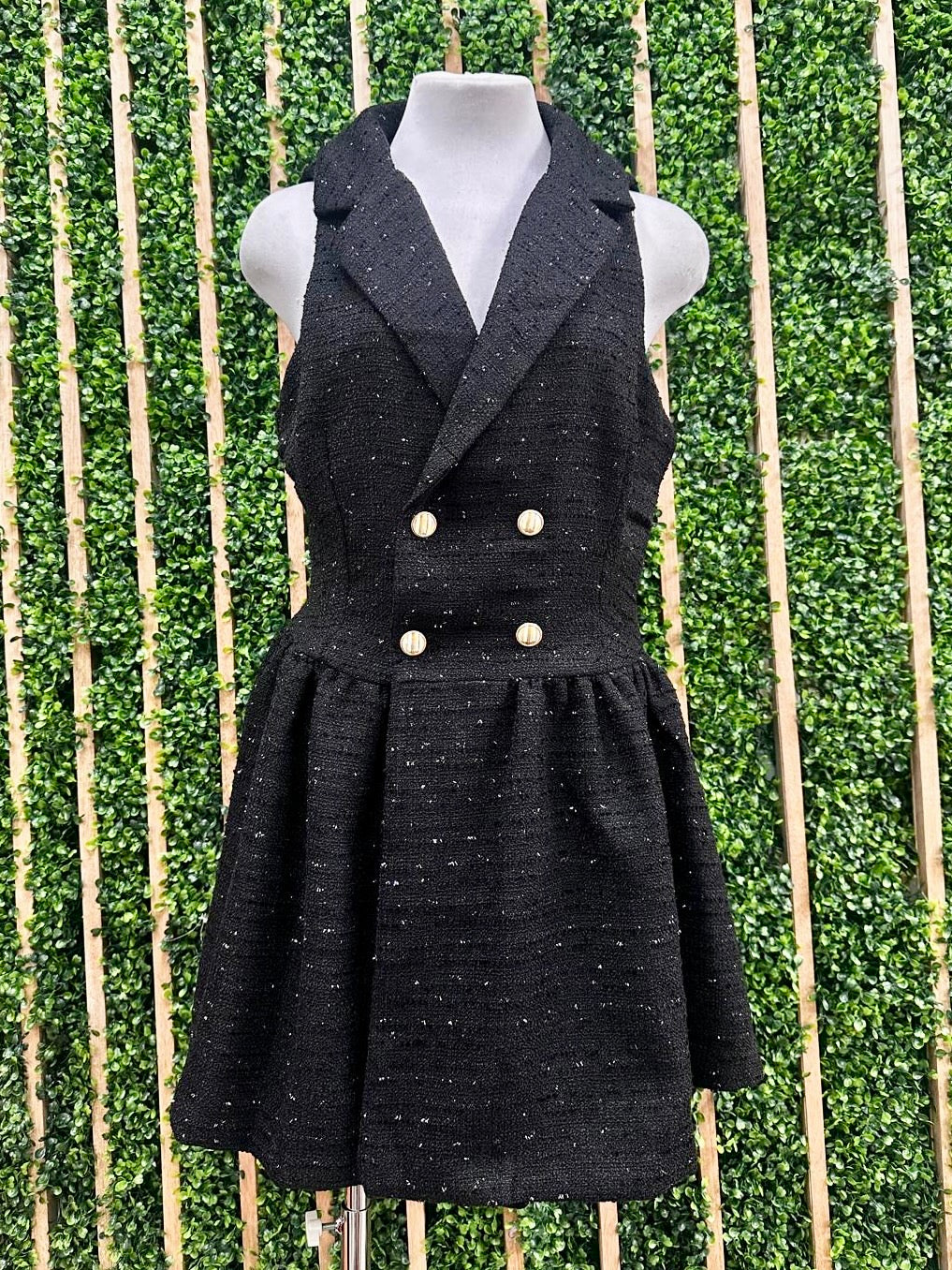 Black Lurex Tweed Collared sleeveless Vest Dress