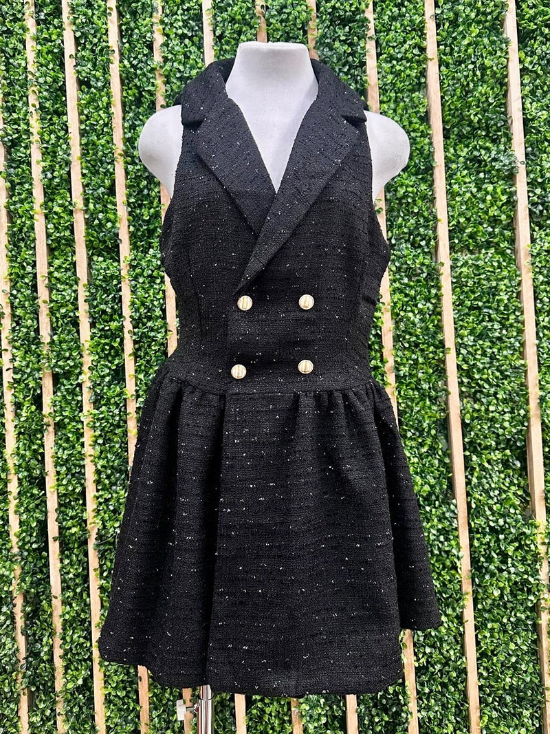 Black Lurex Tweed Collared sleeveless Vest Dress