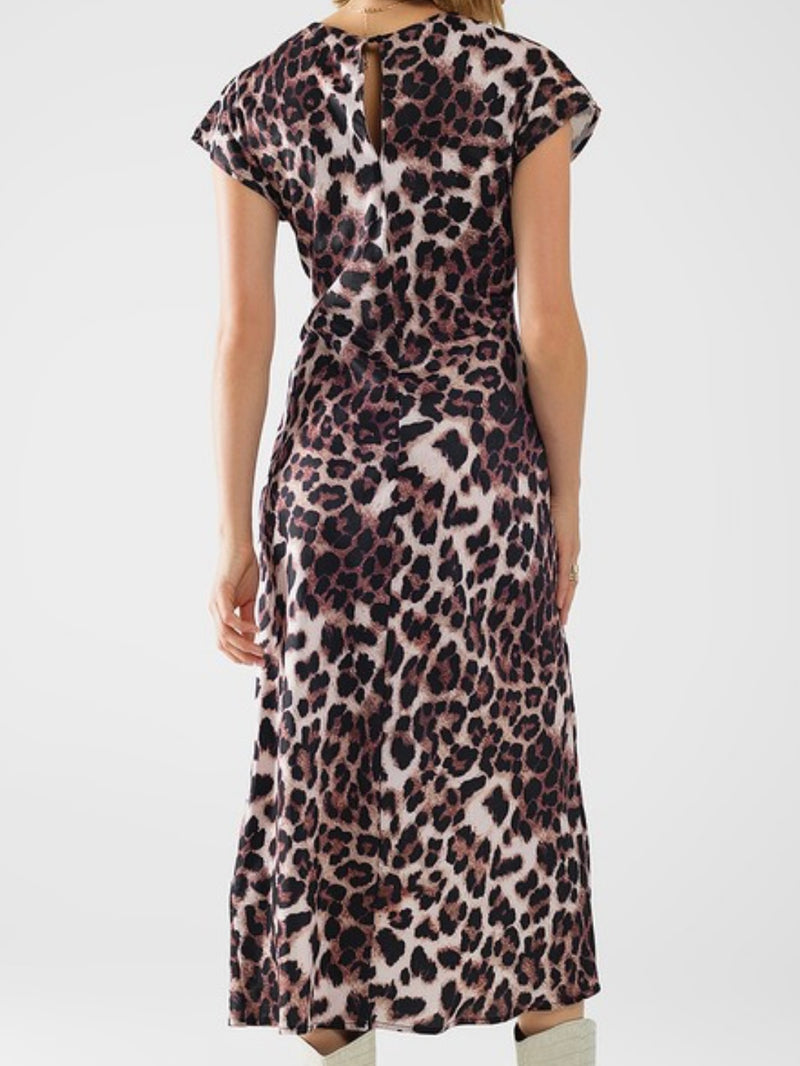 Twist Detail Leopard Round Neck Midi Dress