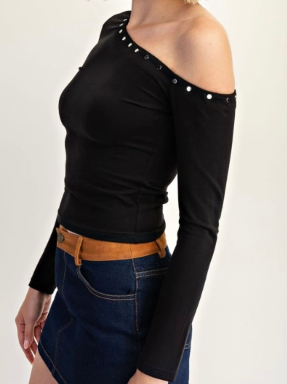 Black One Shoulder Stud Detail Knit Long Sleeve Top