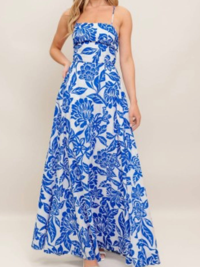 Ivory Blue Floral Square Neck Maxi Dress