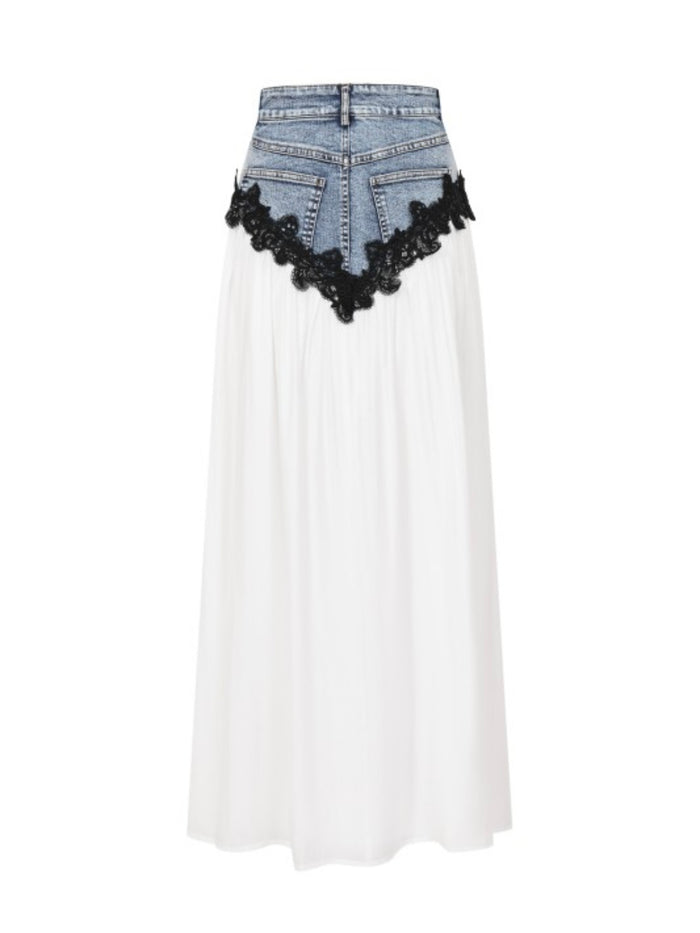 Midnight Romance Contrast Lace Denim Maxi Skirt