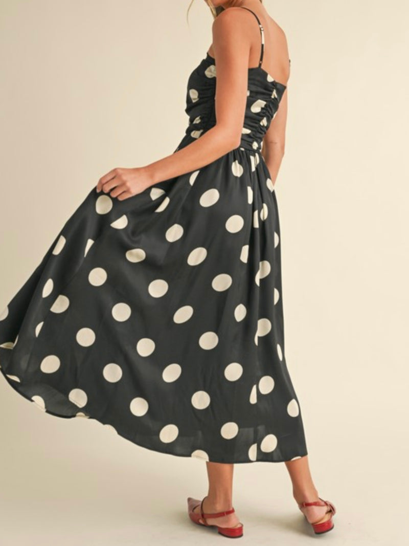 Black Polka Dot Ruched Drop Waist Midi Dress