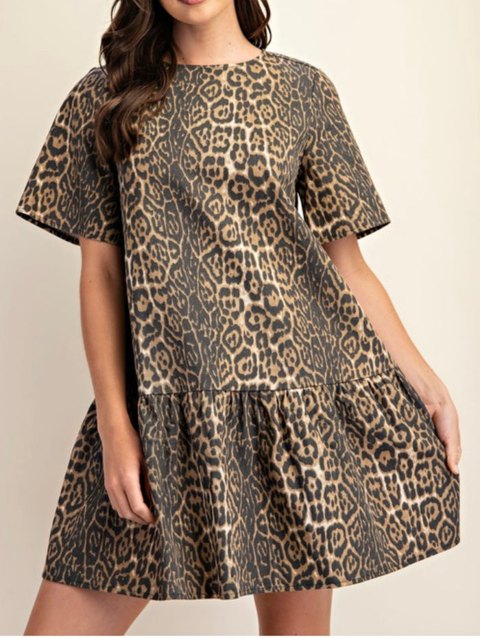 Brown Leopard Tiered Short Dress