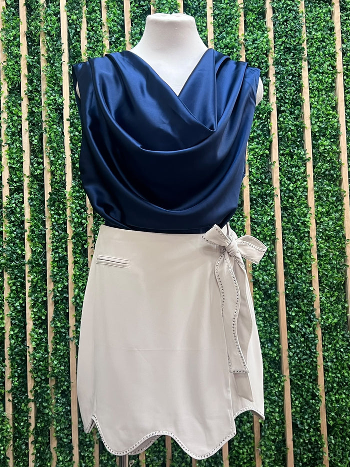 Navy Satin Cowl Neck Sleeveless Bodysuit