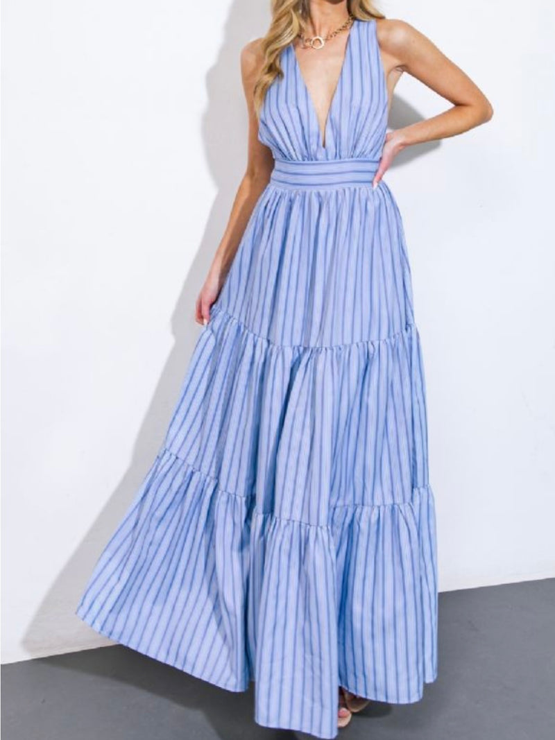 Beautiful Blue Striped V Neck no Maxi Dress