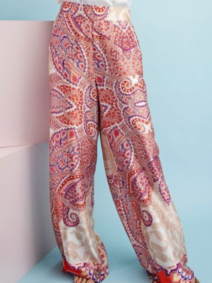 Cream Red Paisley Wide Leg Palazzo