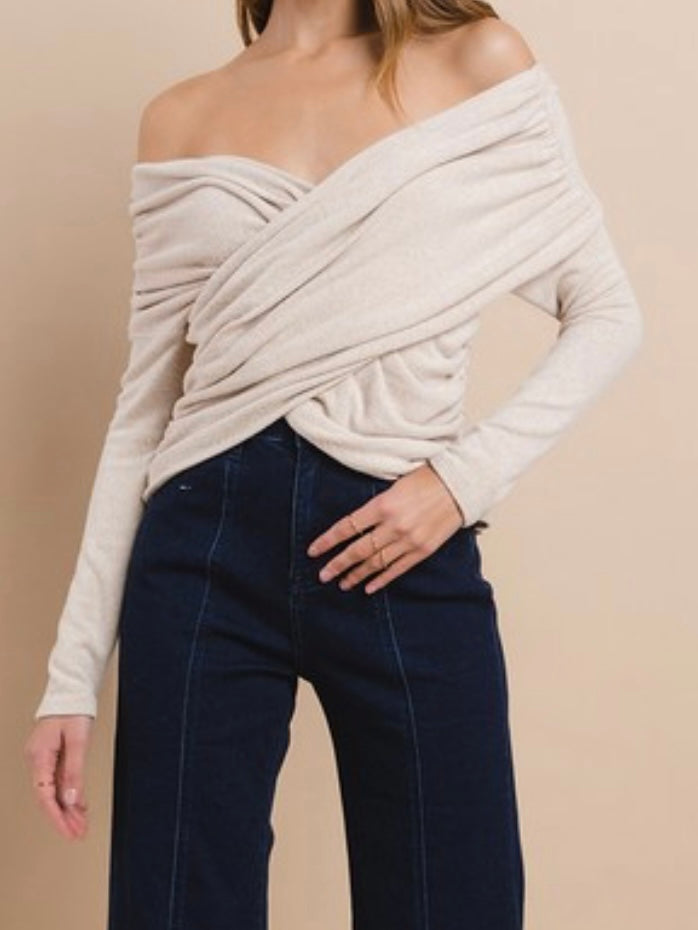 Beige Off Shoulder Crossed Top