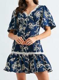 Navy Floral Embroidered Mini Dres