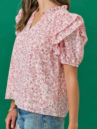 Ivory Red Print Puff Sleeve Blouse