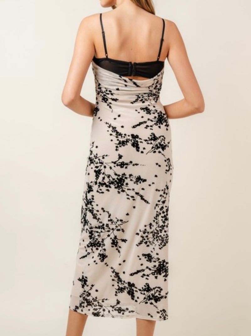 Beige Lace Burnout Floral Bustier Fitted Midi Dresss