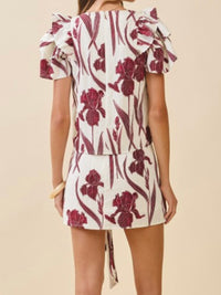 Burgundy Floral Print Front Tie Short Skirt